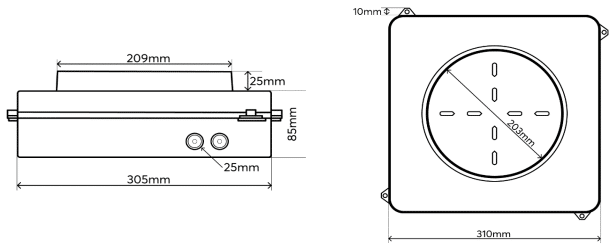 Produktmaßzeichnung Loxone Beton­einbaugehäuse für 7 Zoll Install Speaker