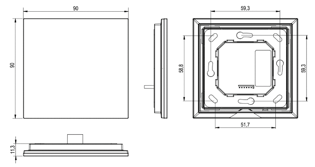 Produktmaßzeichnung Loxone Touch Pure für Nano Anthrazit